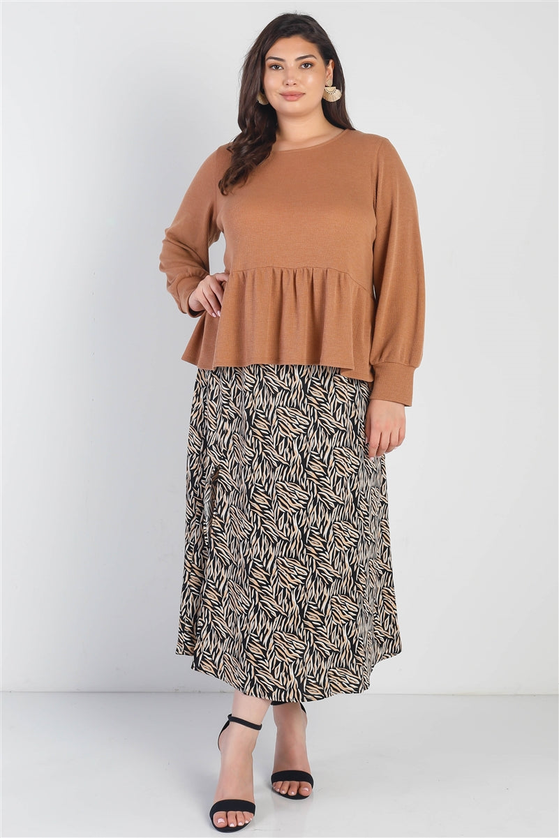 Haut à manches longues en tricot gaufré caramel avec boutons au dos
