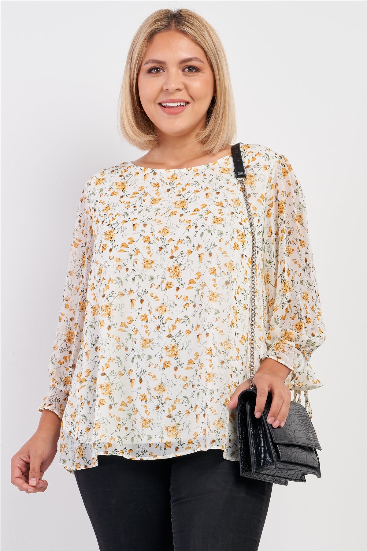 Haut à manches mi-longues bouffantes avec cordon de serrage, coupe décontractée, imprimé floral jaune ivoire, grande taille