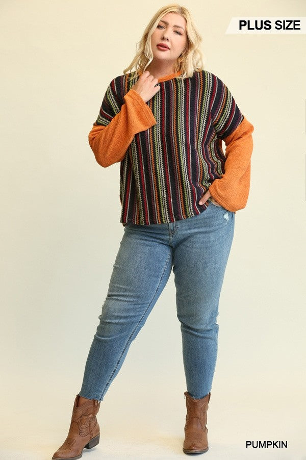 Haut ample mixte en tricot fantaisie et en tricot uni