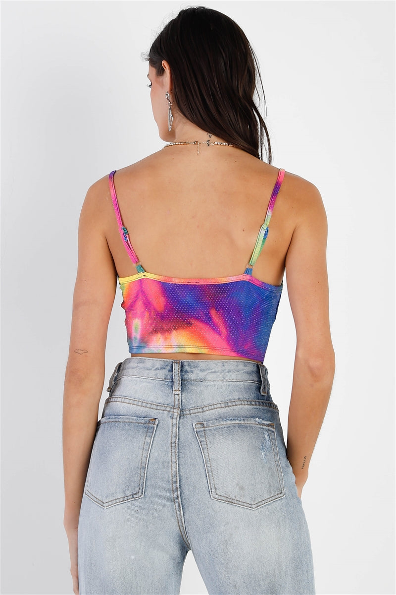Haut court sans manches à col bénitier en Lurex tie-dye multicolore néon