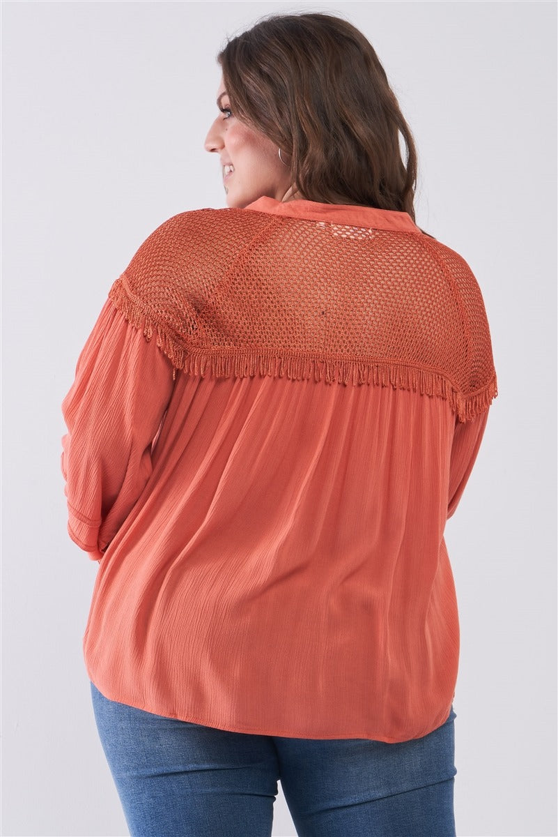 Haut décontracté style bohème en maille transparente avec manches ballon et détails de grande taille
