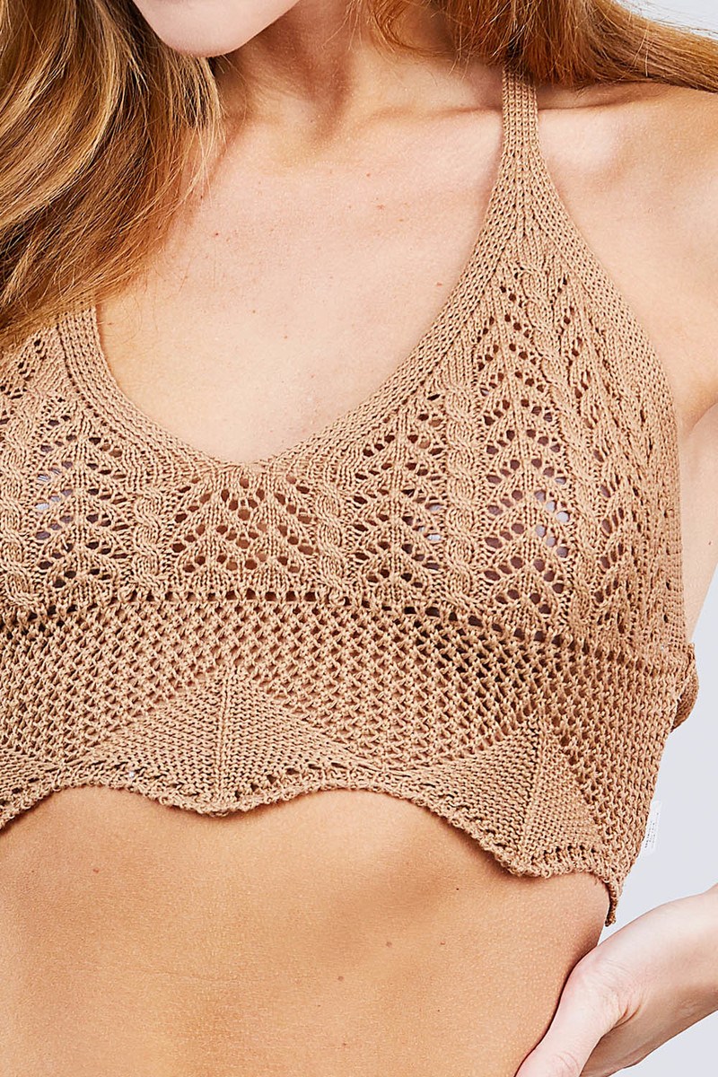Haut de soutien-gorge pull court en crochet noué dans le dos à col en V profond