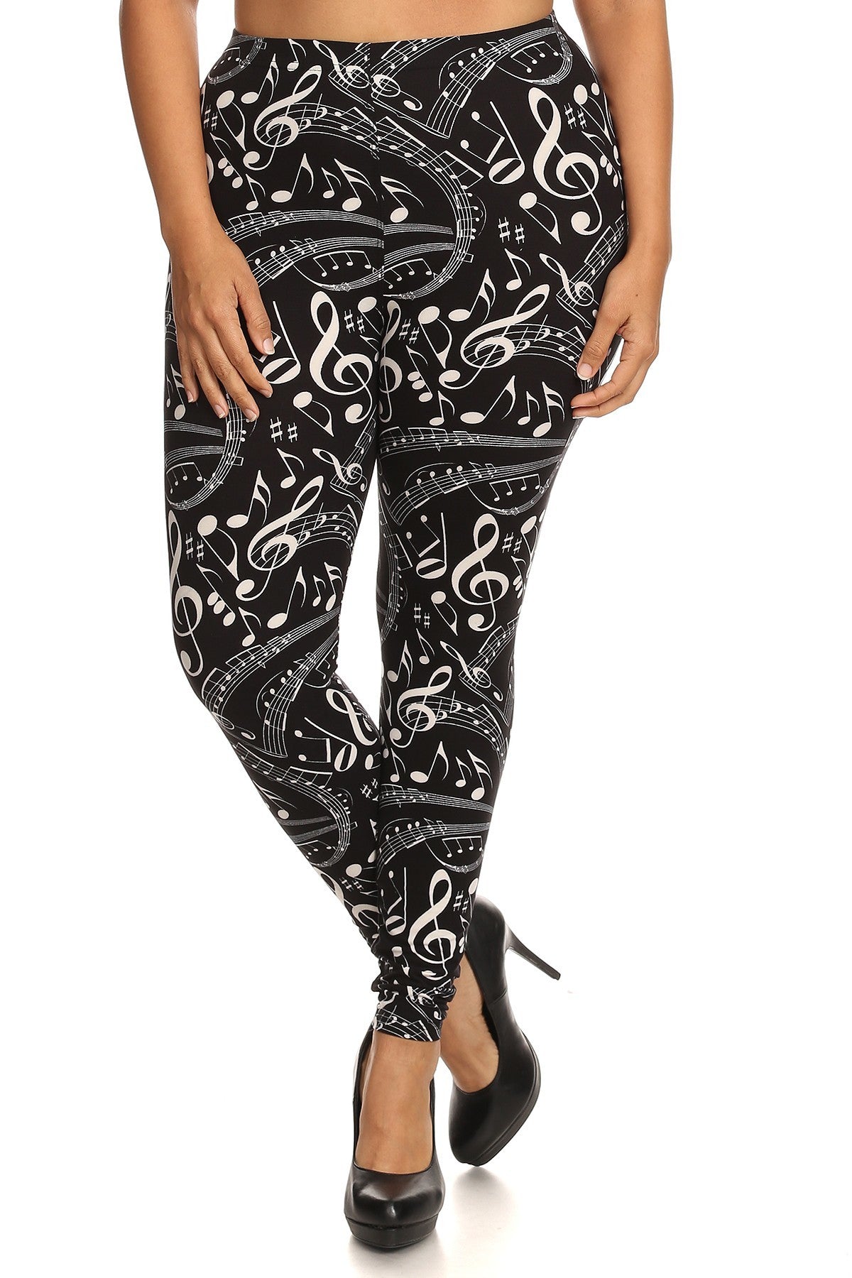 Impression de motif de notes de musique grande taille, taille haute, leggings coupe ajustée avec taille élastique.