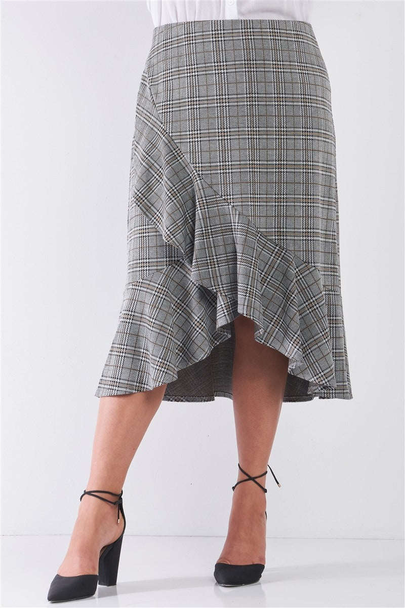 Jupe mi-longue taille haute grise à carreaux grande taille