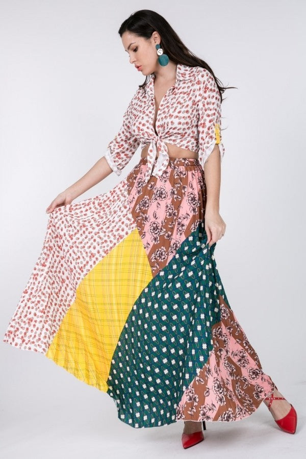 Jupe plissée à imprimé patchwork