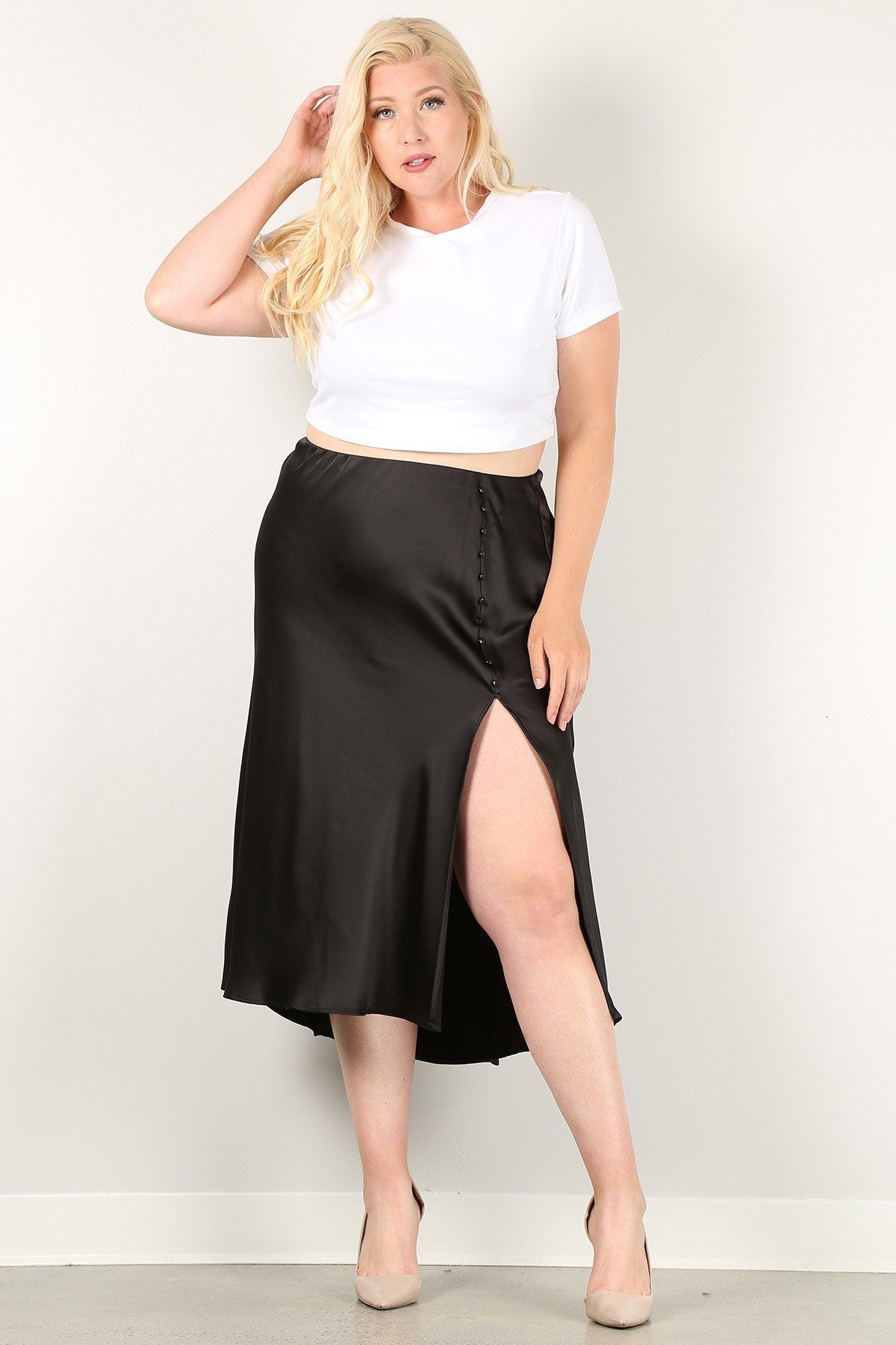 Jupe taille haute unie avec bordure boutonnée et fente latérale