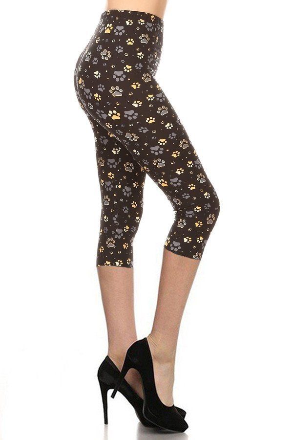 Legging capri ajusté à taille haute et imprimé pattes, avec une ceinture élastique