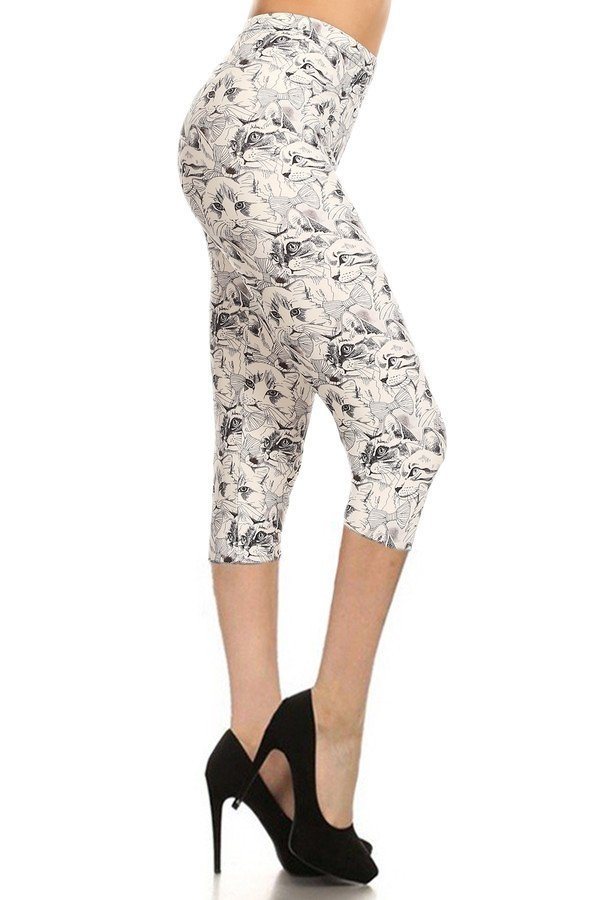 Legging capri taille haute imprimé chat dans un style ajusté avec une ceinture élastique