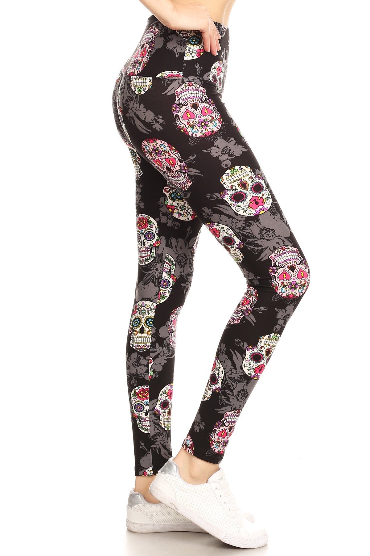 Legging en tricot imprimé tête de mort doublé de style yoga de 5 pouces de long avec taille haute