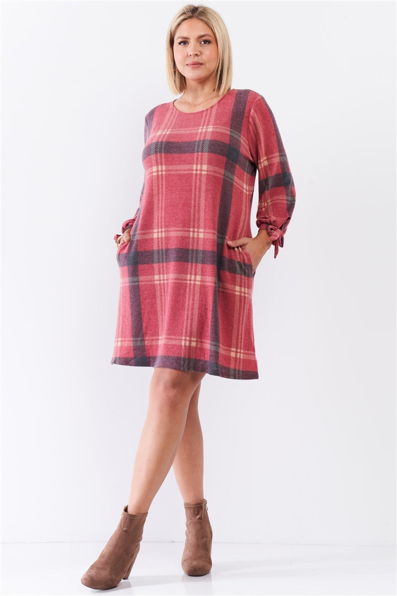 Mini-robe douce et décontractée à manches mi-longues avec nœud à carreaux rouges rétro