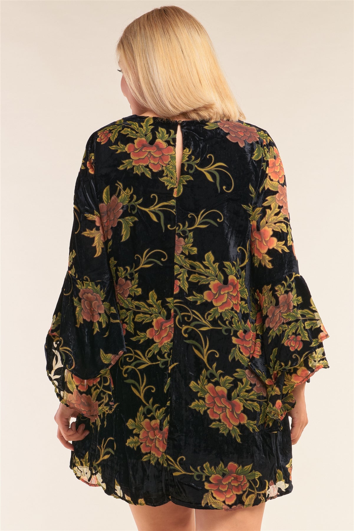 Mini-robe en velours à motif floral, manches longues, col rond, coupe décontractée, grande taille