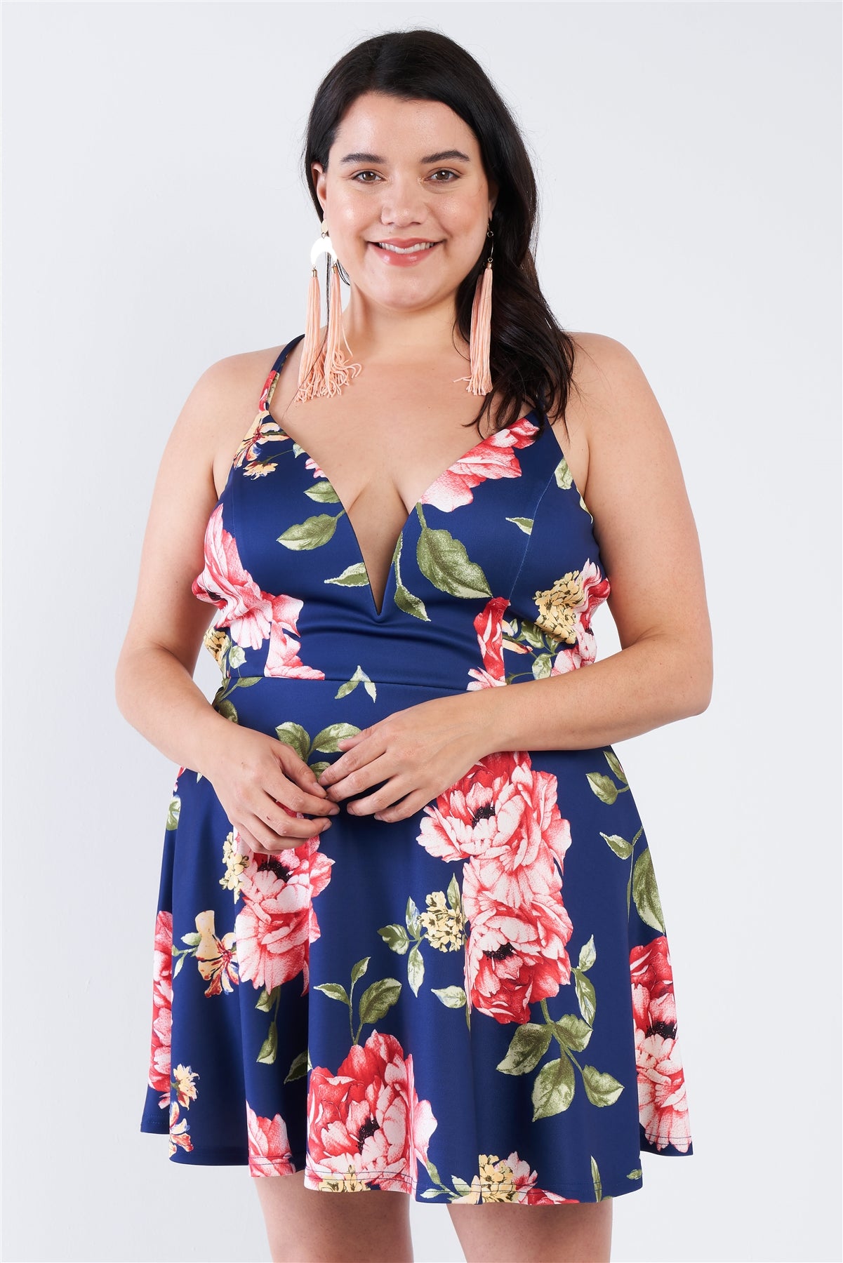 Mini-robe patineuse bleu marine à fleurs et décolleté en V plongeant dans le dos de grande taille