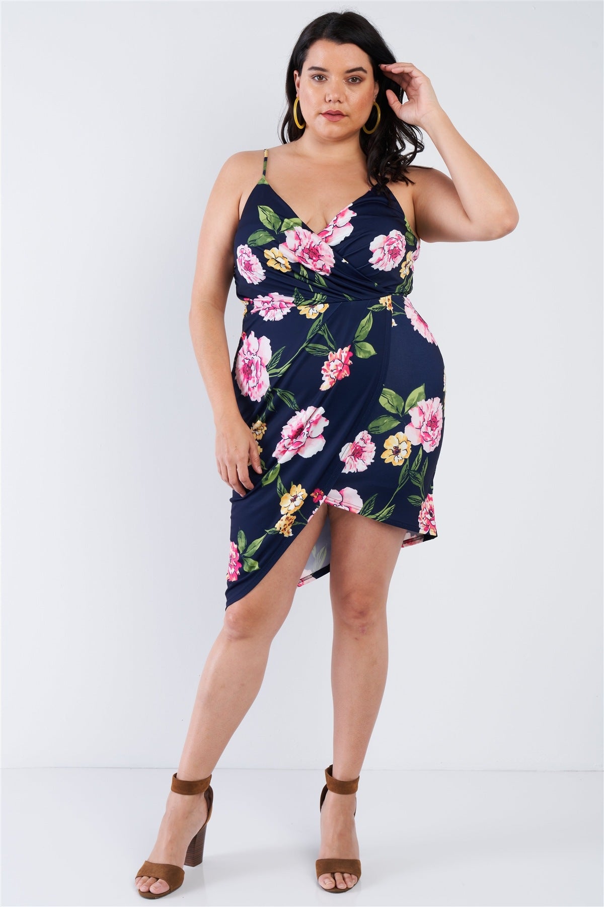 Mini-robe portefeuille à fleurs rose vif bleu marine grande taille