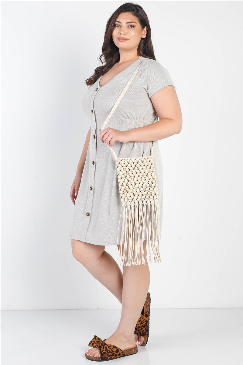 Mini-robe texturée boutonnée à manches courtes gris chaud Plus