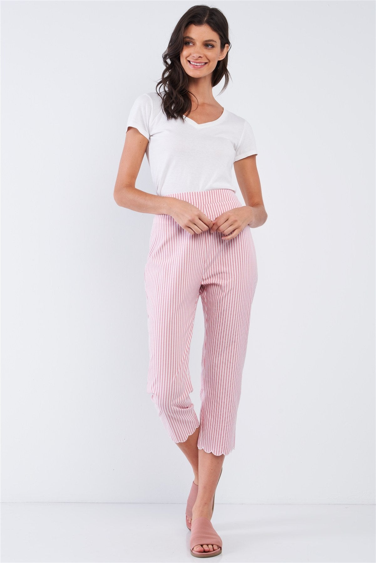 Pantalon capri d'été à rayures rouges et blanches, taille haute, ourlet festonné