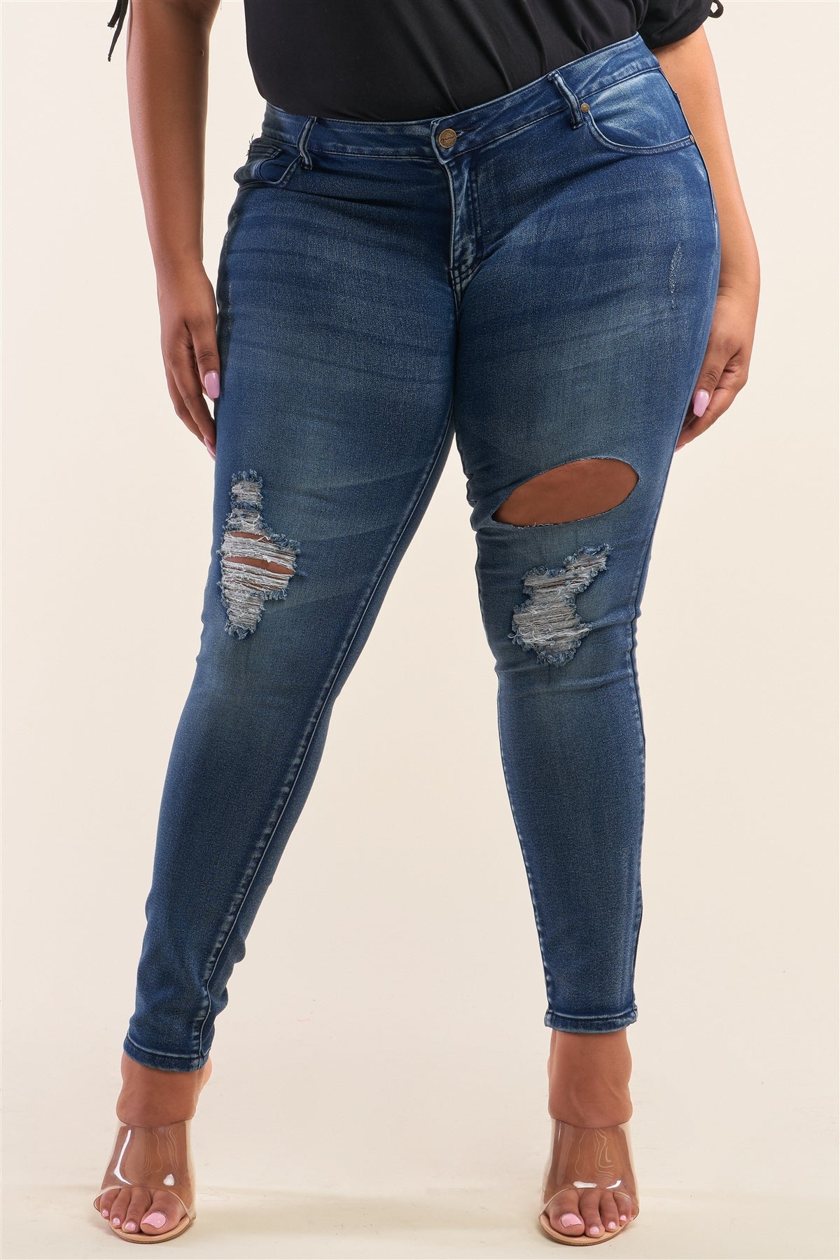 Pantalon en denim déchiré taille basse bleu foncé grande taille