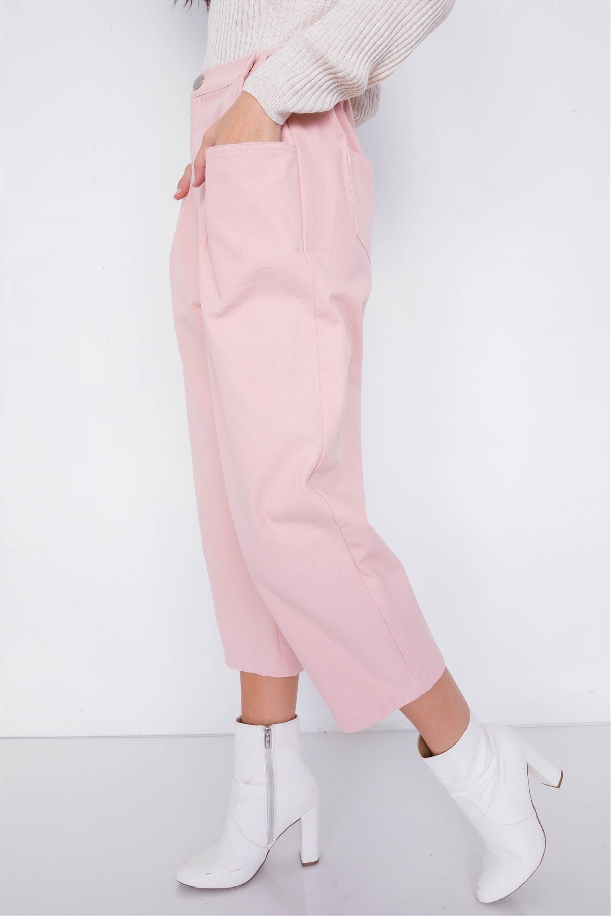 Pantalon pastel chic uni à la cheville, jambe large, taille réglable avec boutons-pression – Image 2