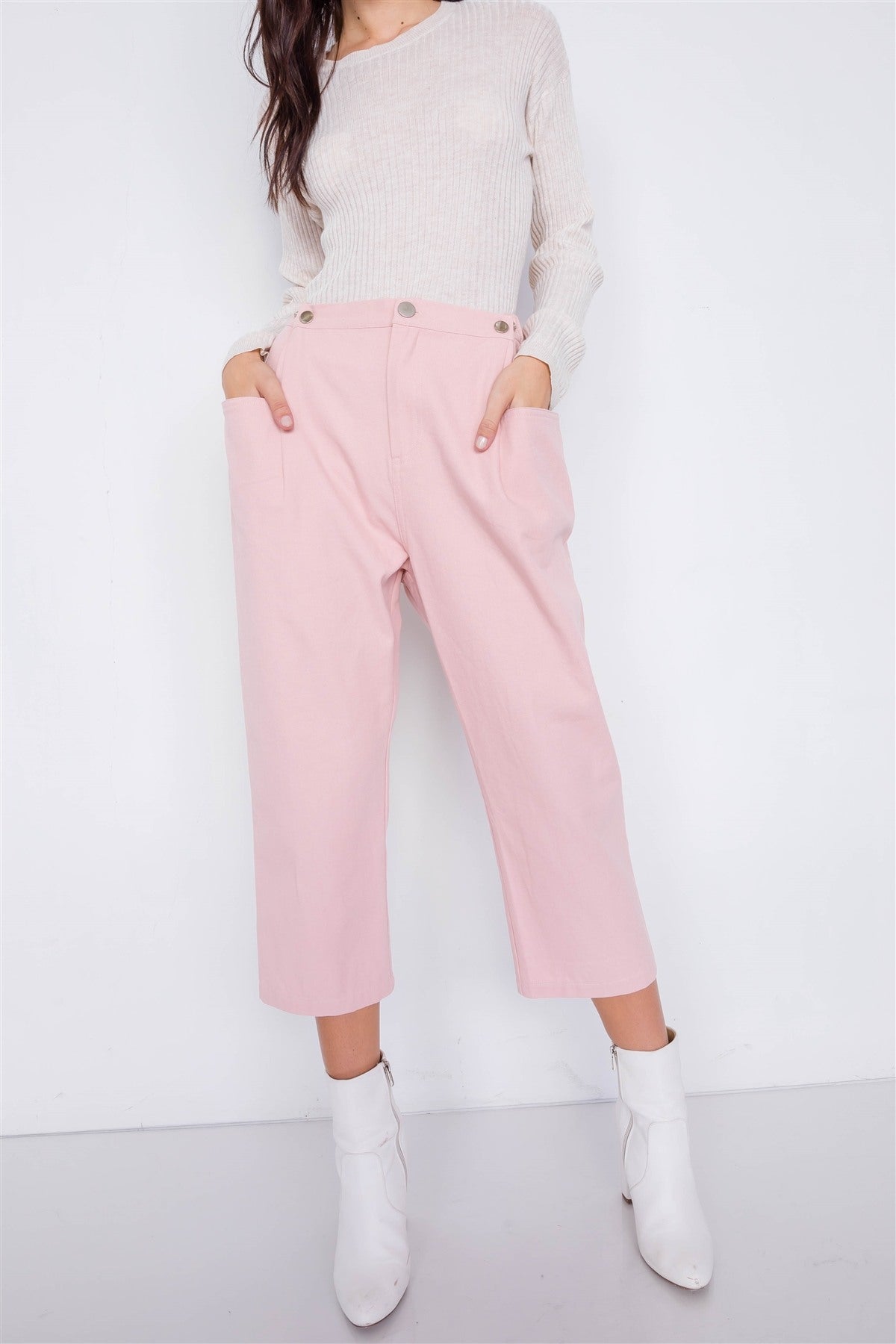 Pantalon pastel chic uni à la cheville, jambe large, taille réglable avec boutons-pression – Image 13