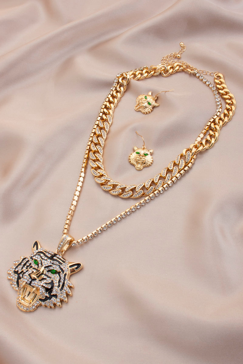 Pendentif tête de tigre en strass, collier superposé à maillons épais