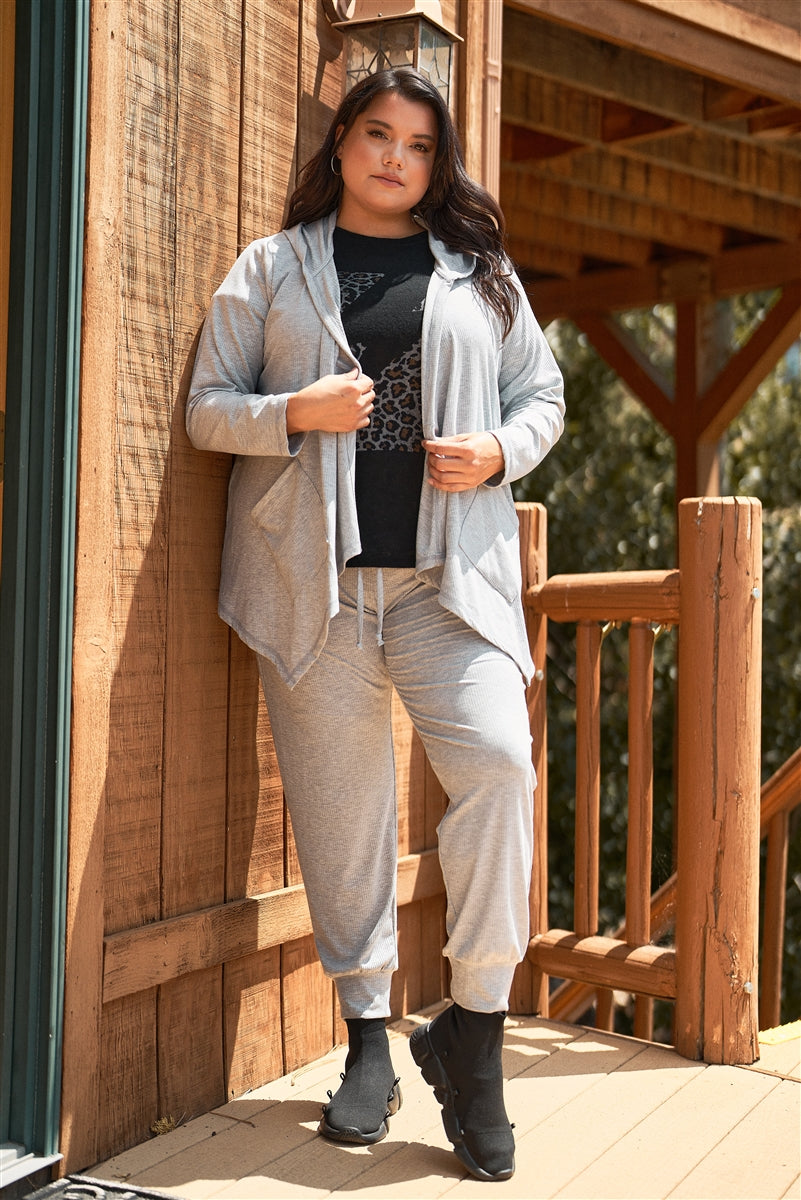 Plus Ensemble deux pièces côtelé gris chiné avec haut à capuche ouvert à manches longues et pantalon de survêtement taille haute