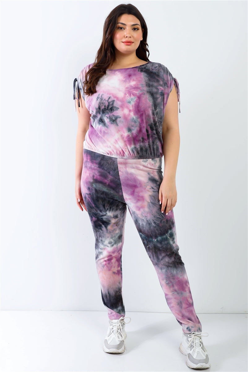Plus Ensemble haut et pantalon violet et noir tie-dye à épaules froncées