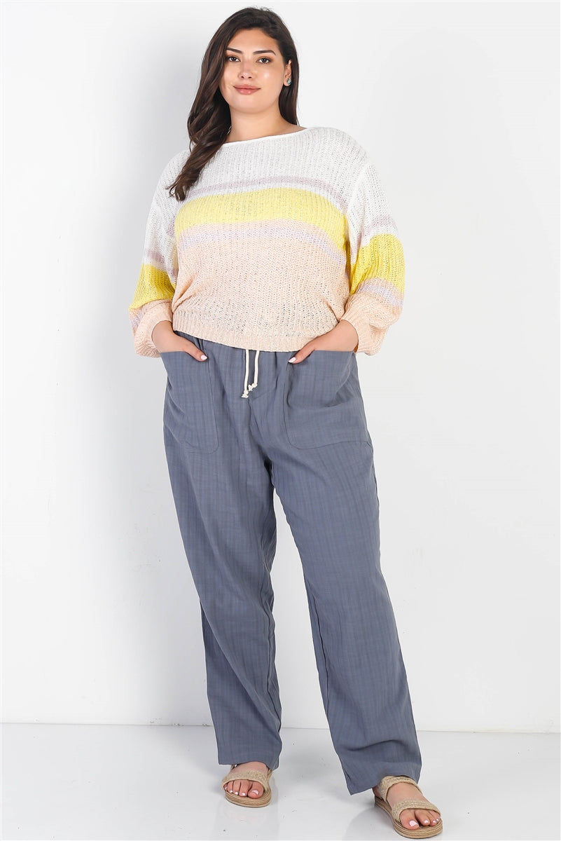 Plus - Haut à manches longues à rayures en tricot blanc et citron
