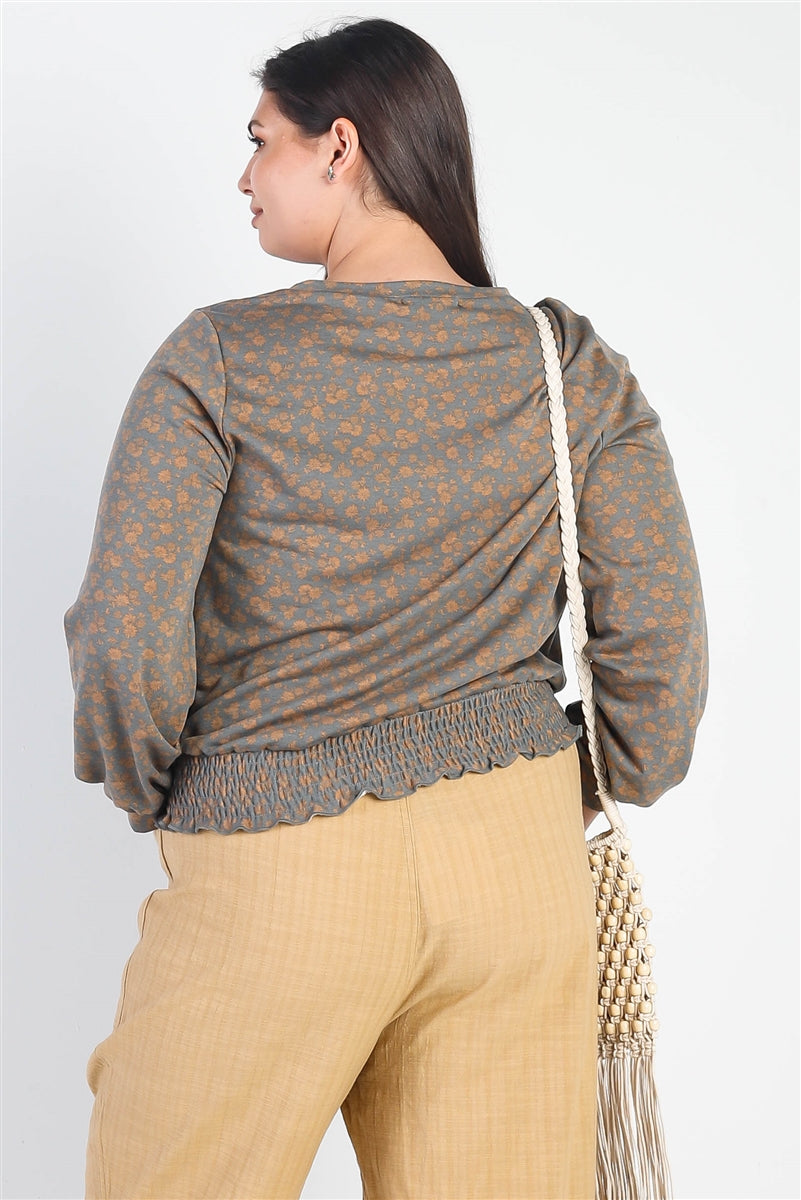 Plus Haut à manches longues à taille smockée et imprimé floral olive-camel