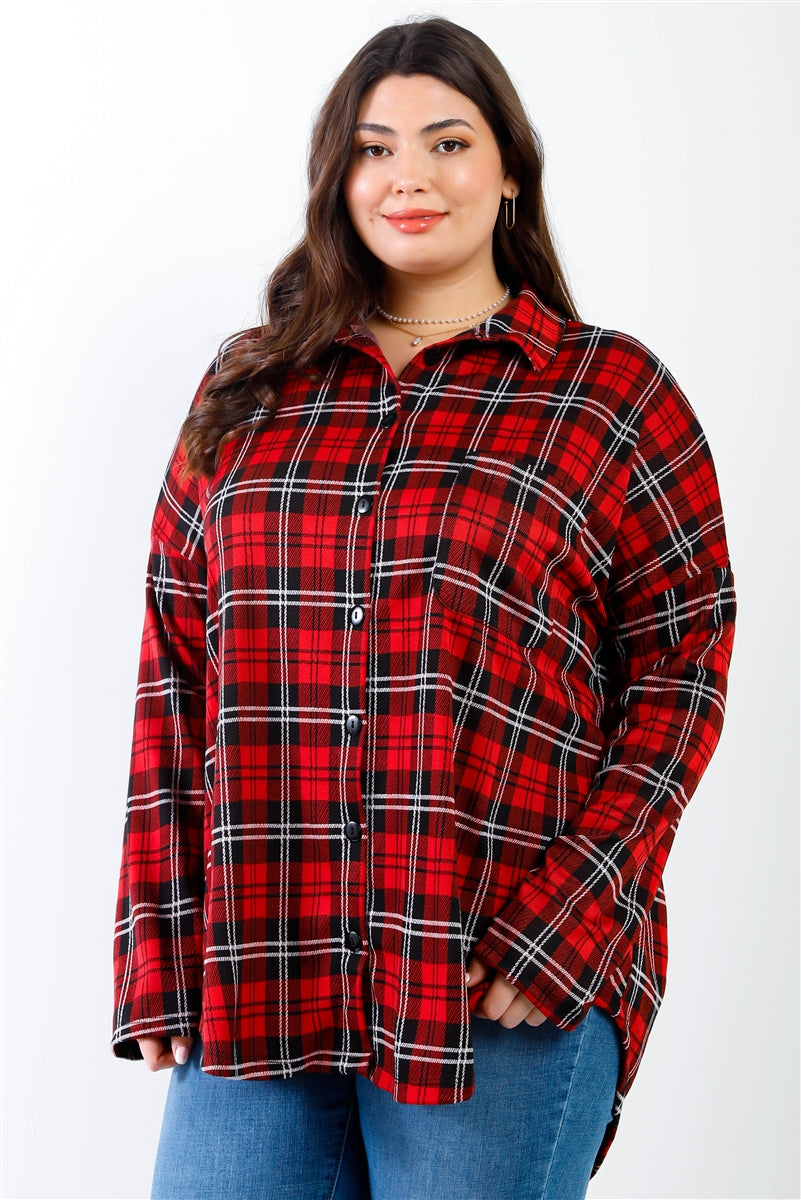 Plus - Haut chemise boutonné à col à carreaux noir et rouge