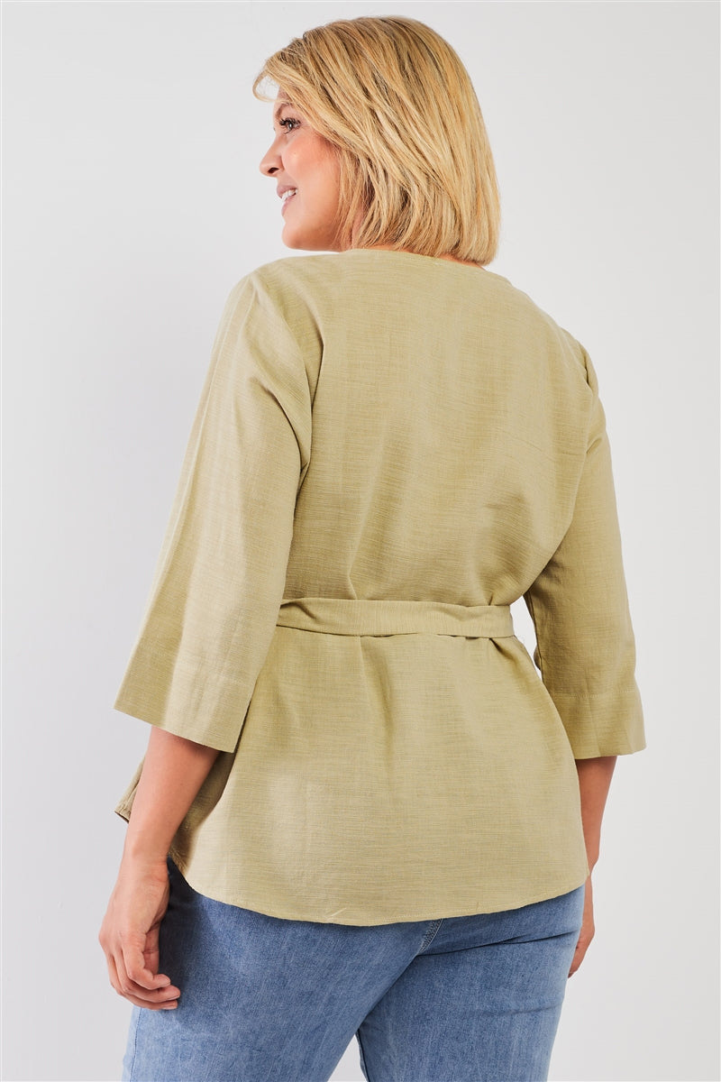 Plus - Haut coupe ample à col rond et manches mi-longues avec ceinture à nouer et détail olive sauge