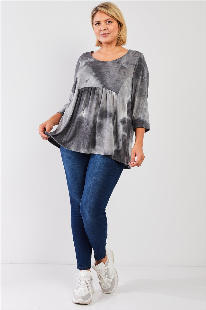 Plus - Haut évasé décontracté à manches mi-longues et tie-dye multicolore gris