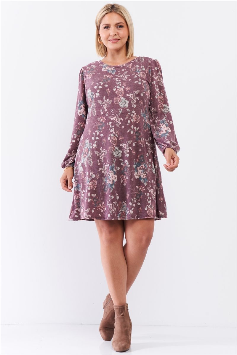 Plus Mini-robe décontractée à imprimé floral bordeaux délavé à manches longues bouffantes