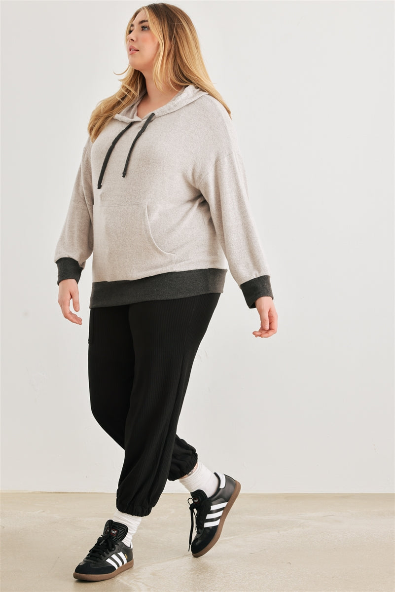 Plus Pull à capuche à une poche, gris chiné et anthracite, doux au toucher