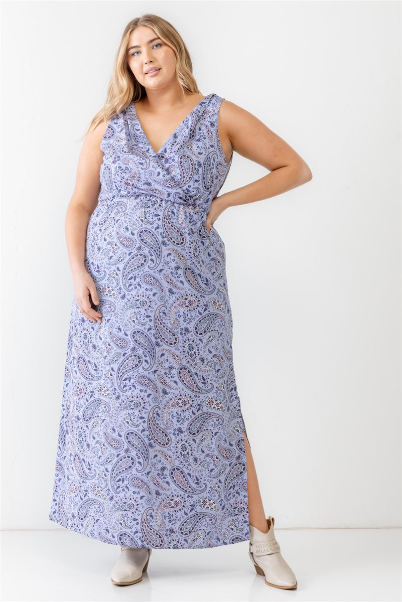 Plus - Robe mi-longue portefeuille sans manches à col en V et motif cachemire lavande