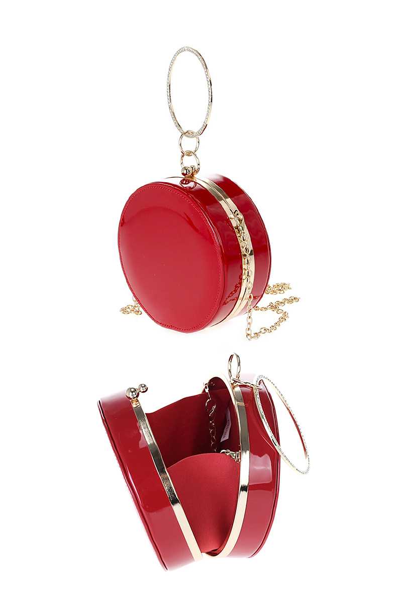 Pochette à bandoulière brillante avec poignée circulaire en strass