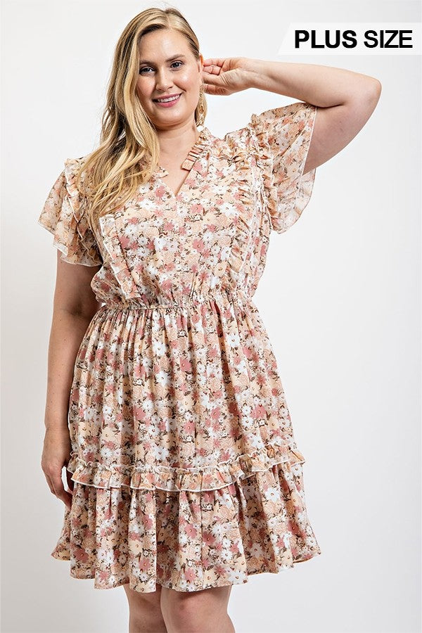 Robe à volants et imprimé floral avec taille élastique