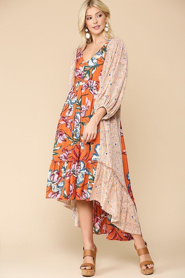 Robe à volants et poche latérale à col en V et imprimé floral