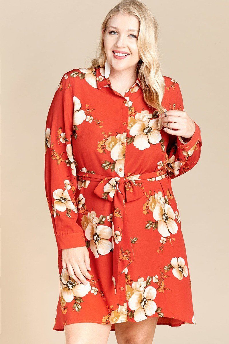 Robe chemise à col boutonné tissée à fleurs