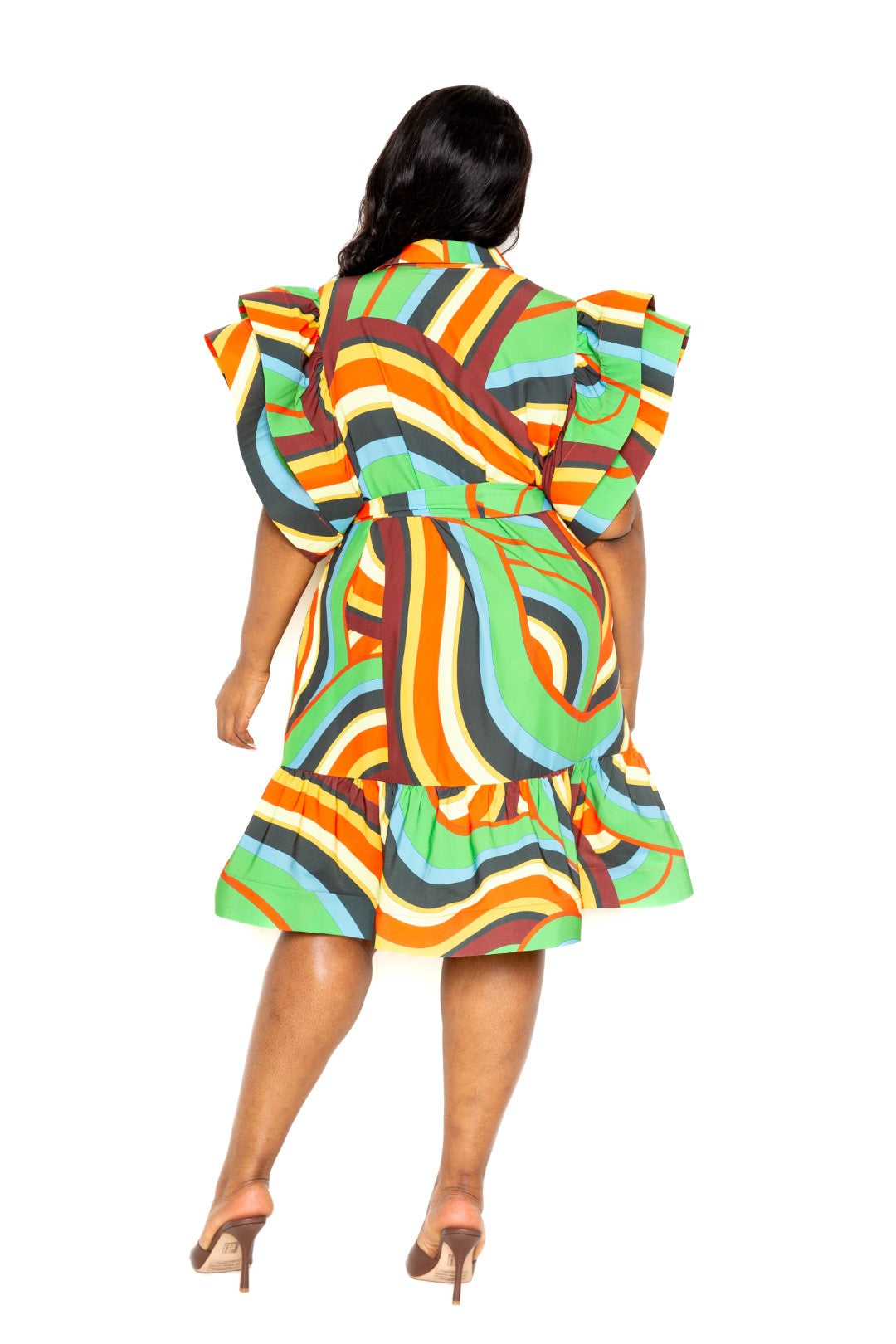 Robe chemise imprimée à manches volantées et ceinture
