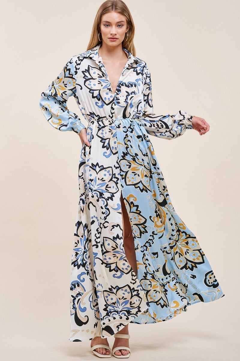 Robe imprimée à blocs de couleurs à col en V