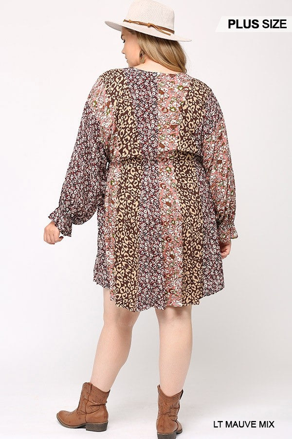 Robe imprimée à manches chauve-souris mixtes avec poches latérales