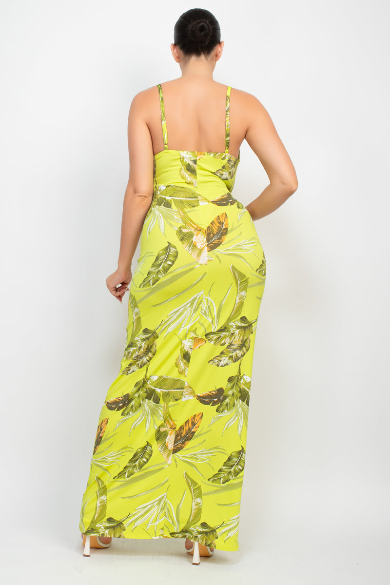 Robe longue à imprimé tropical et échancrée