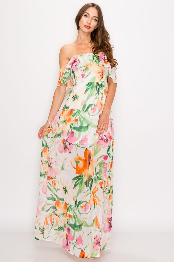 Robe longue à volants et épaules dénudées à imprimé floral