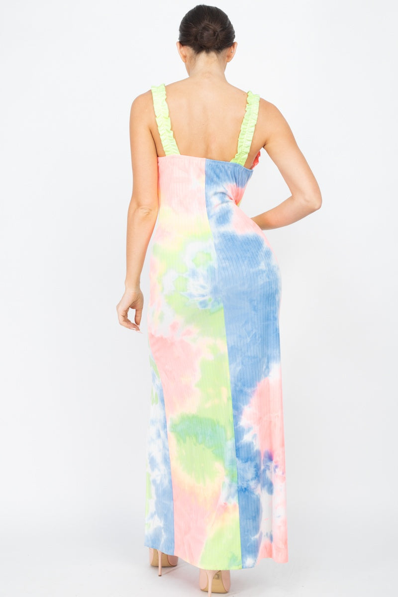 Robe longue côtelée à volants tie-dye