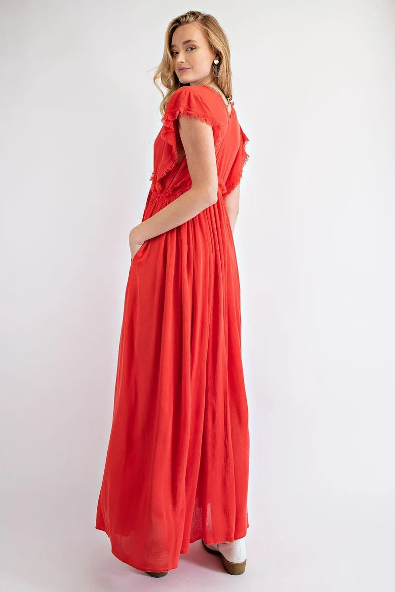 Robe longue en gaze de rayonne à manches ailées
