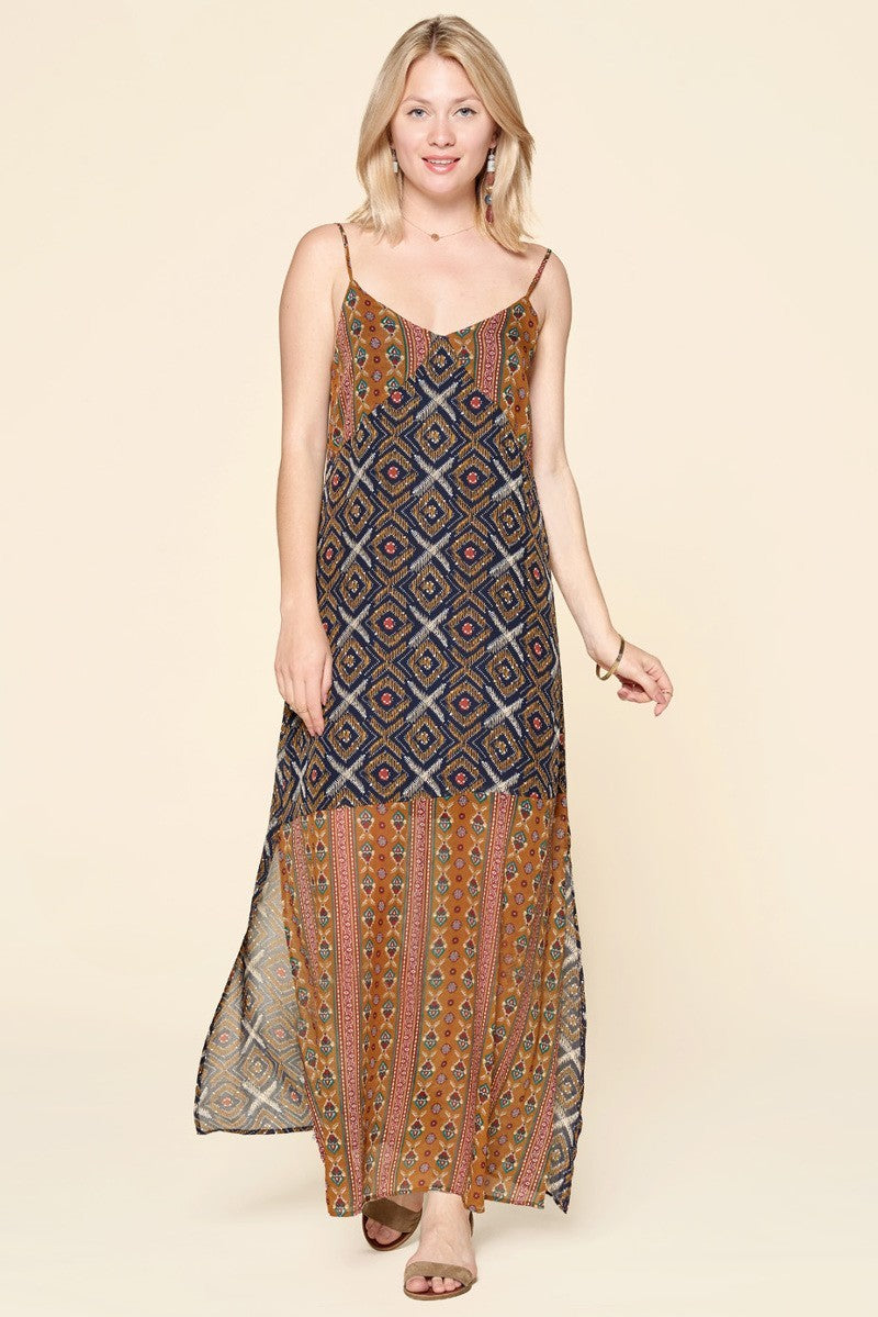 Robe longue en mousseline à imprimés mélangés