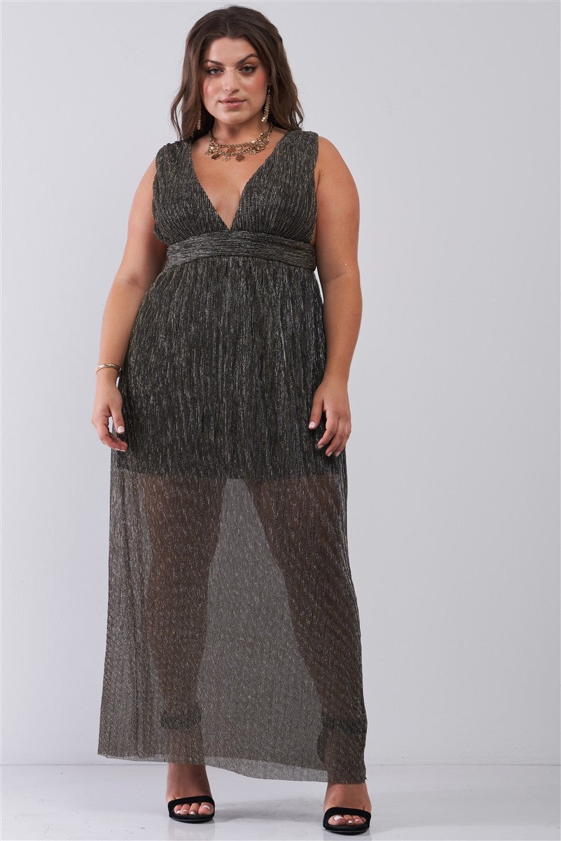 Robe longue en tissu plissé sans manches à col en V noir et doré