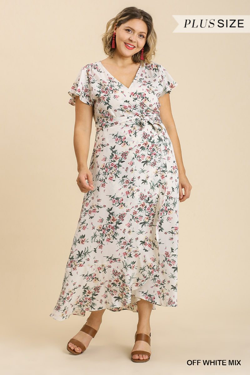 Robe longue enveloppée à imprimé floral, manches courtes à volants, sans doublure