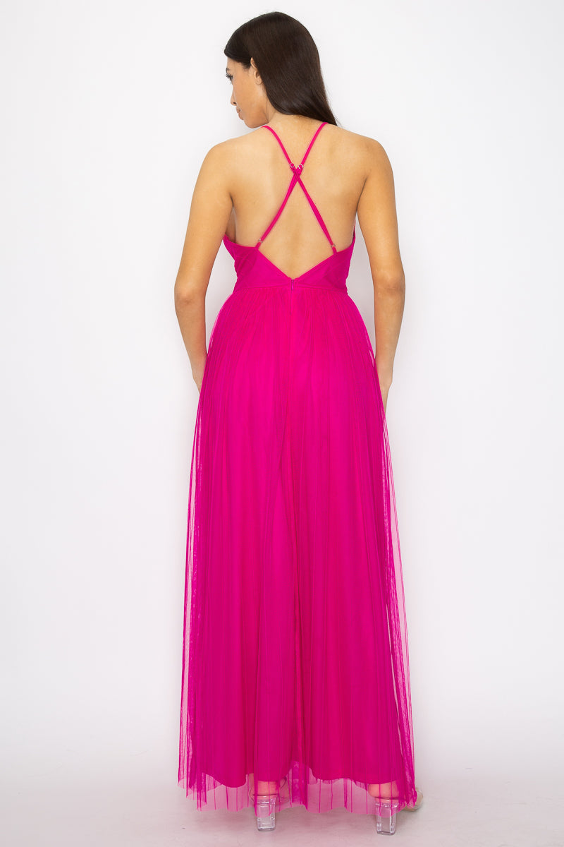 Robe longue fendue en maille plissée