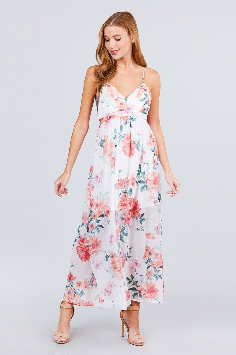 Robe longue imprimée à col en V profond et bretelles croisées