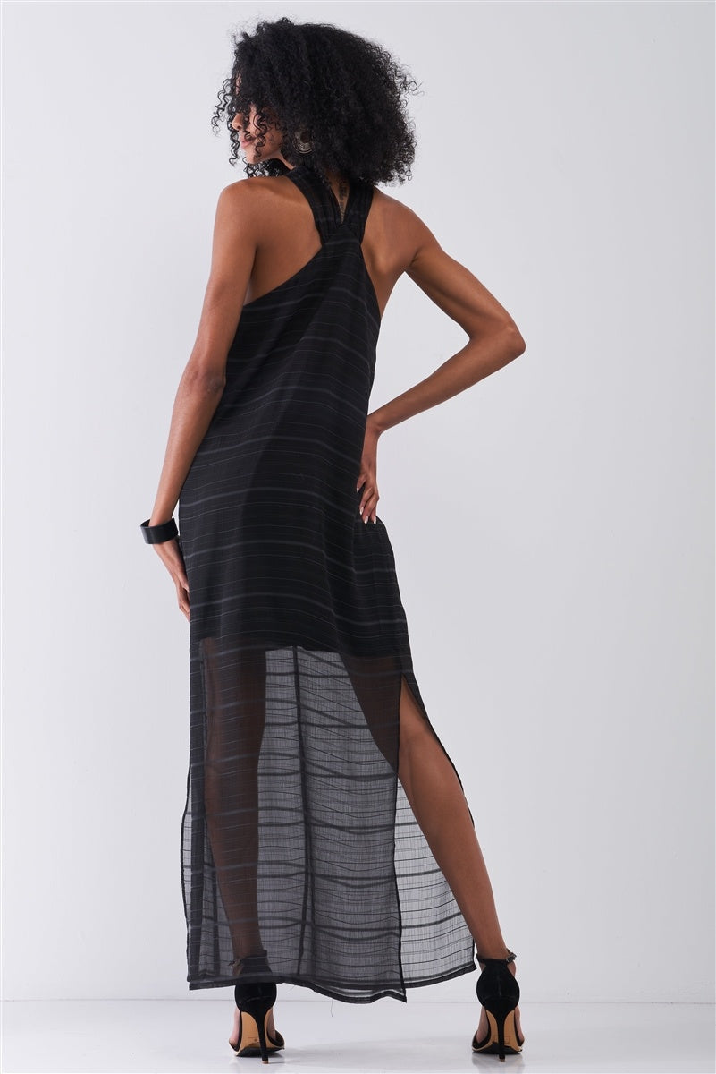 Robe longue noire à rayures en mousseline de soie, sans manches, croisée, col licou